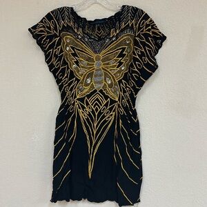 Black and Gold Butterfly Embroidered Mini Dress